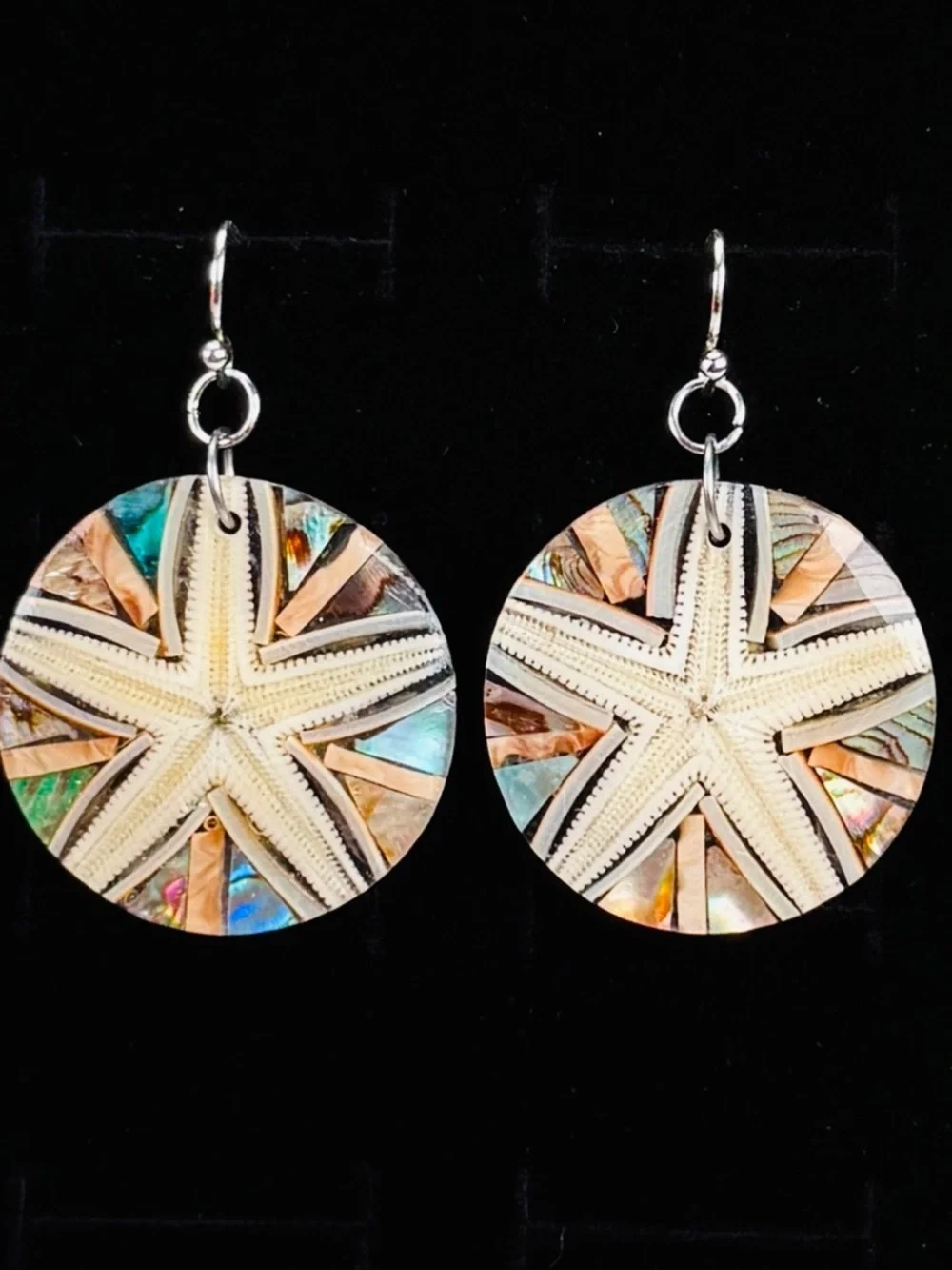 Abalone Mother-of-Pearl Starfish Disc Pierced Dangle Earrings Coastal